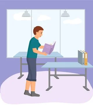 Man reading book, studying at home. Guy student is resting with book Stock Illustration