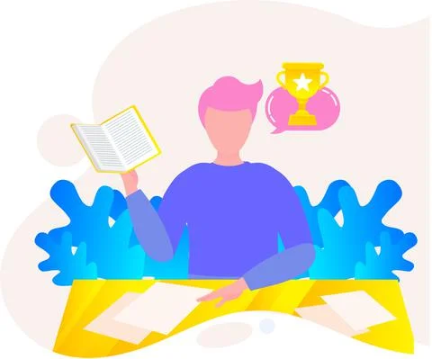 Man reading book, studying at home. Guy student is resting with book Stock Illustration
