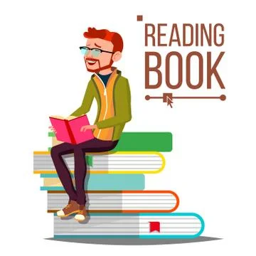 Man Reading Book Vector. Giant Stack Of Books. Library. Learning. Isolated Flat Stock Illustration