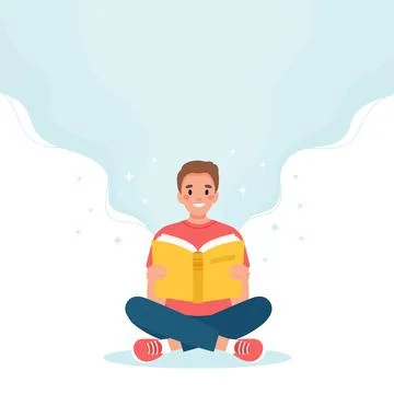 Man reading book while sitting. Learning and literacy day concept. Cute vector Illustrazione stock