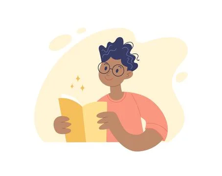 Man reading concept. Young positive african american man sitting with a book 스톡 일러스트
