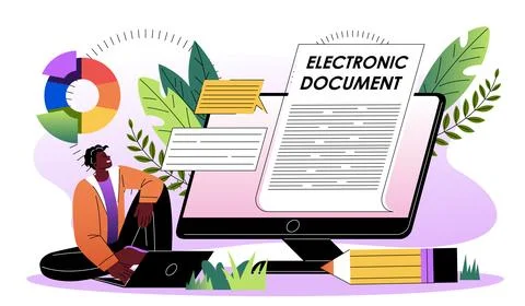 Man reading electronic document. Young guy sits near computer screen and reads イラスト素材