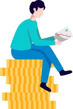 Man reading growth graph sitting on coins, business and finance concept Ilustración de archivo