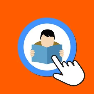 Man reading icon. FAQ, library concept. Hand Mouse Cursor Clicks the Button. Stock Illustration