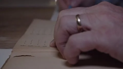 Man reading morse code from an old book, golden ring on tiger close up 4K Vídeos de archivo 236545919