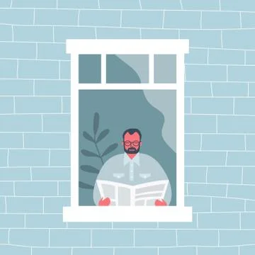 Man is reading a newspaper by the open window. View from the street side 스톡 일러스트