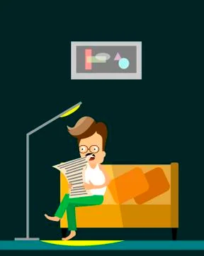 Man reading newspaper. Vector flat cartoon illustration. Man sits on a couch  Stock Illustration