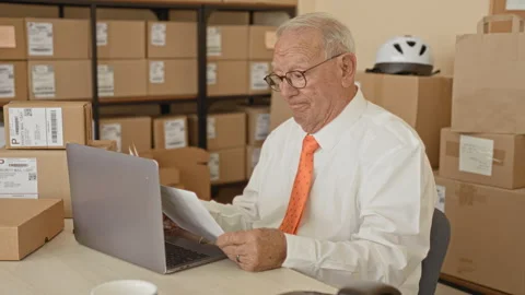 Man reading paperwork with laptop and parcels in a storage building surroun.. Stockbeeldmateriaal 339199146