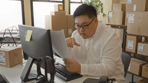 Man reading parcel paperwork at computer in packing area of building surrou.. Video stock 337390425