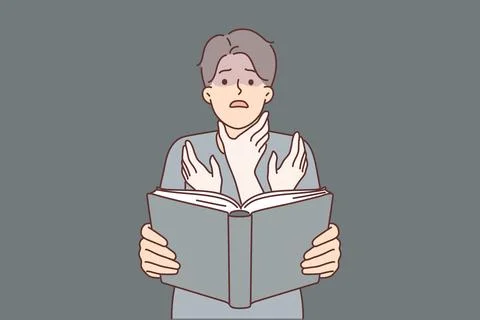 Man reads book with scary story and imagines hands reaching for his neck to Stock Illustration