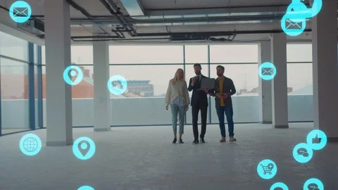 Man real estate agent showing couple new apartment use laptop blue animation Stock Footage 126808232