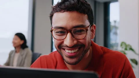 Man, realtor or computer in office with smile, viewing booking or update Stock Footage 347179821