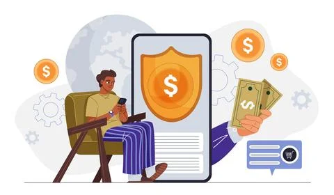 Man received refund. Young guy with smartphone near banknotes and gold coins Stock Illustration