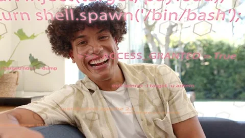 Man receiving playful arm touch laughing settling on couch while pink tech code Stock Footage 332820834