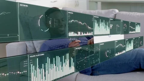 Man reclining on sofa tapping tablet causing tech dashboards animating in front Vídeos de archivo 337905036
