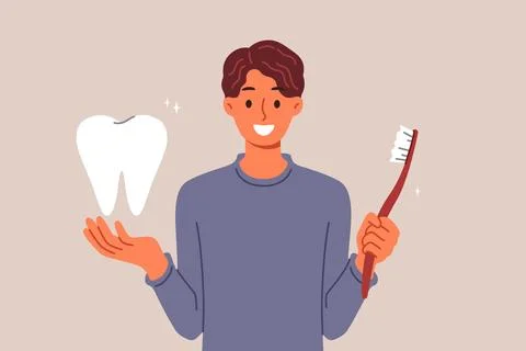 Man recommends brushing your teeth well using right toothbrush to prevent caries Illustrazione stock