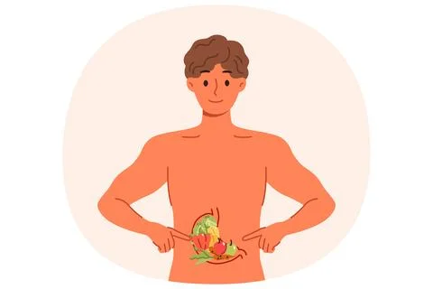 Man recommends healthy diet, points to vegetables inside stomach, stands with Stock Illustration
