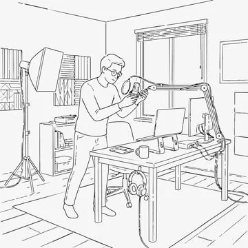 Man recording video with camera and microphone in home office Silhouette Stock Illustration