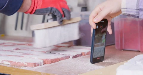 Man records video of worker sweeping away plaster residue Stock Footage 196199692