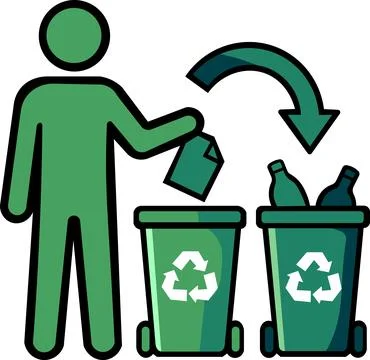 Man recycling glass bottles into sorting bins Stock Illustration