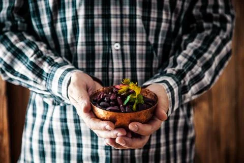 Man with red beans. Chef holding red beans Stock Photos