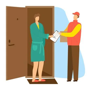 Man red cap delivers package woman green robe signing clipboard home doorway Ilustração Stock