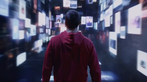 Man In Red Hoodie Exploring Virtual Digital Gallery Social Media Technology Stock Footage 292288025
