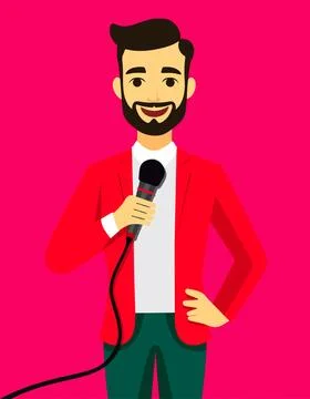 A man in a red jacket is holding a microphone Stock Illustration