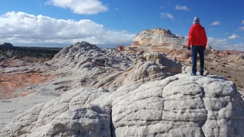 Man Red Jacket Pose Top of Rock Formation, White Pocket, Arizona Stock Footage 101625374