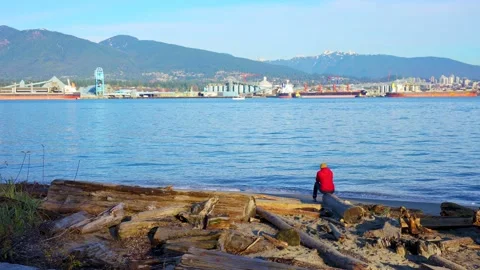 A man in red jacket stands on rock Stock Footage 144454634
