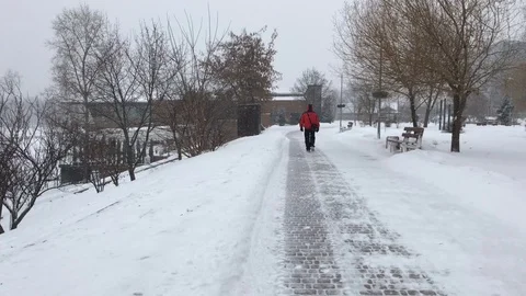 A man in a red jacket walking down the street in winter. Stockbeeldmateriaal 104134584