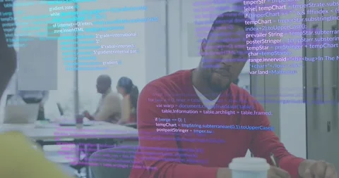 Man in red jumper leaning in tech meeting as colleague talking initiating code Stock Footage 318063852
