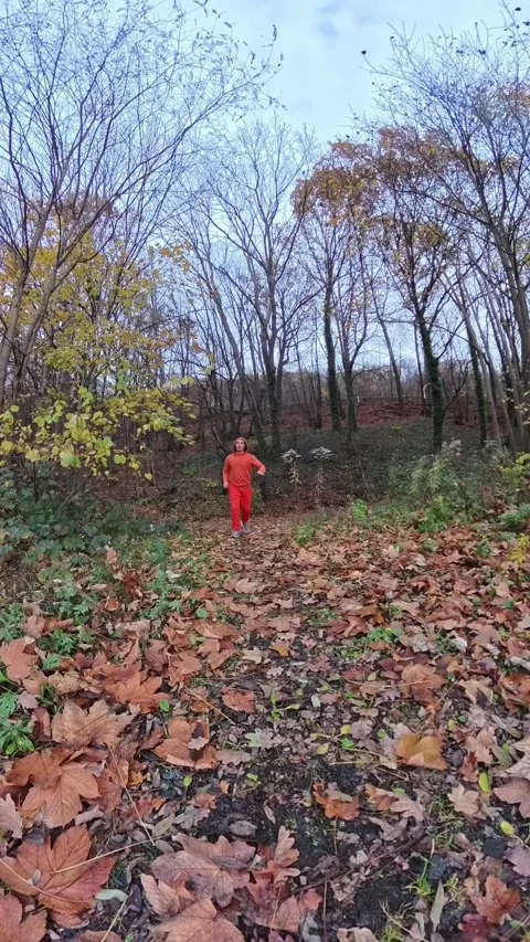 A man in red jumps through leaves amid autumn forest with bare trees and Stock Footage 321821829