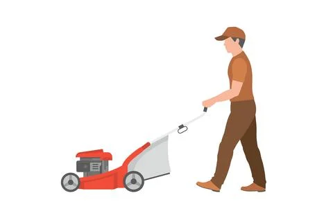 Man with red lawnmower Stock Illustration