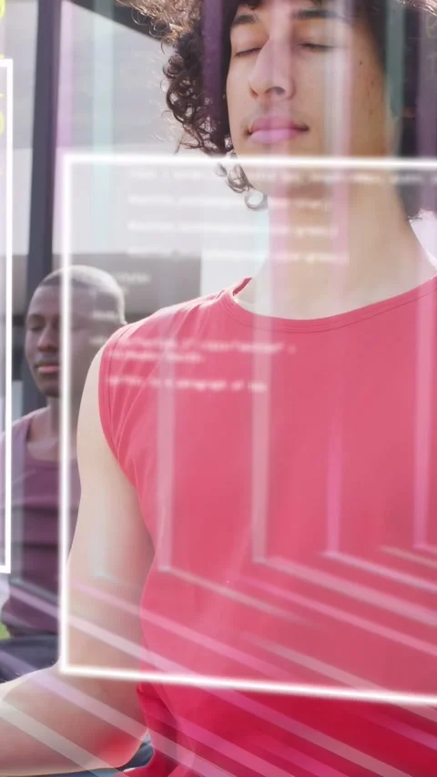 Man in red meditating for calm while camera rising and tech code overlaying Video stock 332687620
