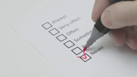 Man red pen marking on checklist in box never Vidéo 281774298