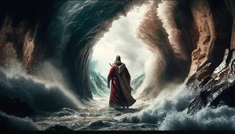 A man in a red robe standing in a cave with a sword in his hand cinematic m.. Stock Illustration