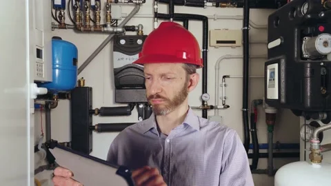 Man with a red safety helmet using a tablet Stock Footage 146168388