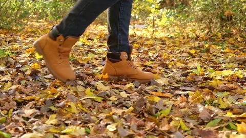 Man in red shoes walks through the autumn forest. Orange boots on yellow dry Stock Footage 238501474