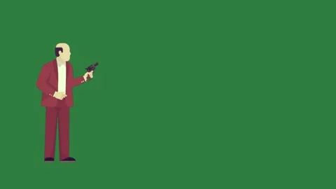 A man in red suit holding cell phone and gun on green screen animated Video stock 335129806