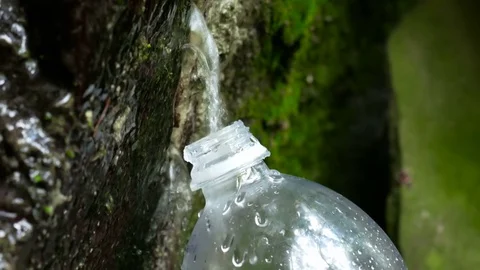 Man refills clear drinkable water from stone source spring into plastic bottle Vidéo 83599225