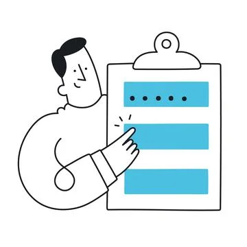 Man with a registration form. Outline, linear, thin line, doodle art. Simple  Stock Illustration