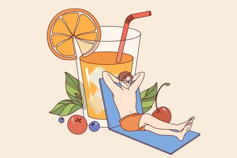 Man relaxed on beach and drinks orange juice from giant glass, enjoying sunny Stock Illustration