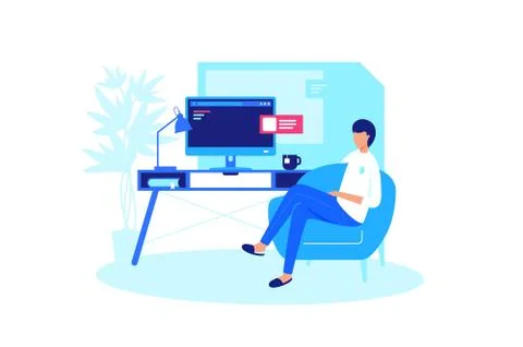 Man relaxes at home computer. Illustrazione stock