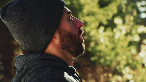 Man relaxes in the winter forest Stock Footage 238928071