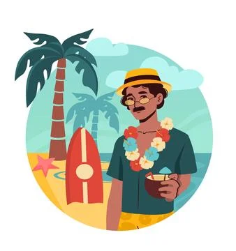 Man relaxing on beach with drink.. Vector illustration Stock Illustration