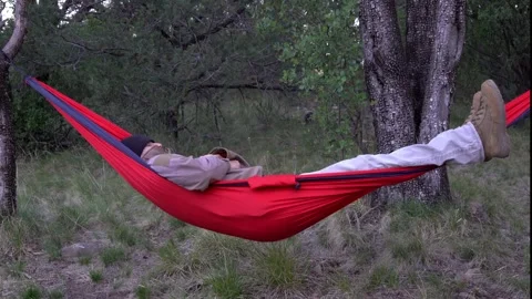 A man relaxing in a camp hammock in the forest Stock Footage 275828321