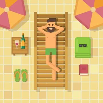 Man relaxing on a chaise lounge at poolside Stock Illustration