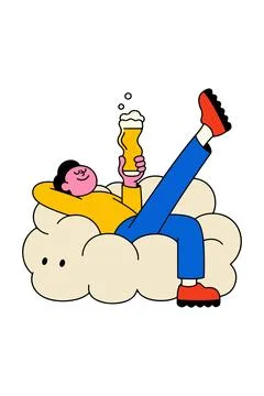 Man Relaxing on Cloud with Beer Stock Illustration