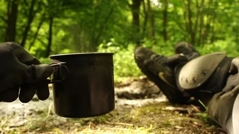 Man Relaxing with Coffee in the Woodland Forest. Relaxing while Camping Stock-Footage 306855853